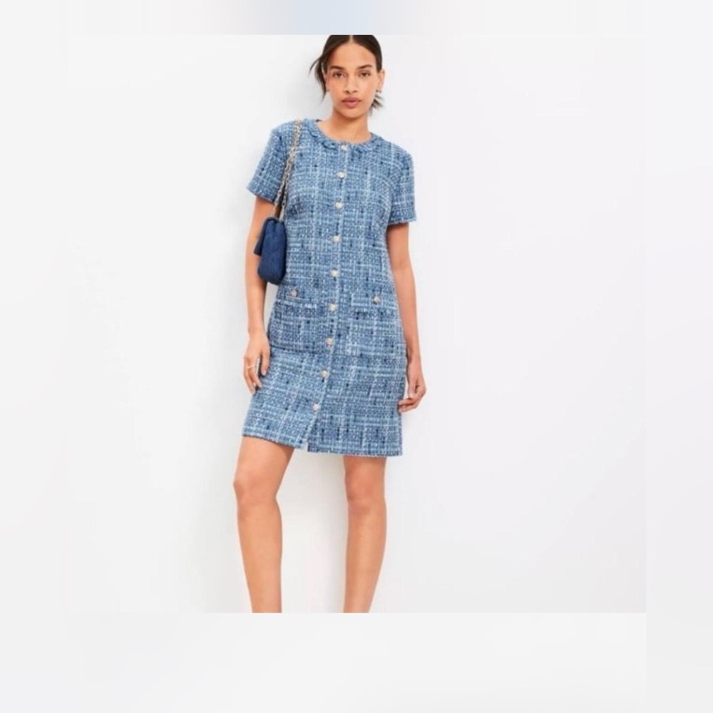 NWT LOFT Blue Tweed Button-Front Dress L